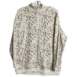Aerie Cheetah Print Quarter‎ Zip Pullover Womens XS Cream Tan Grey Oversized